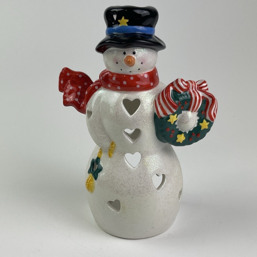 Hallmark Tealight Candle Holder Snowman With Wreath Glitter 7 inches Tall